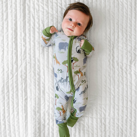 infant in safari friends printed zippy pajamas with coordinating zebra sleepyhead lovey 