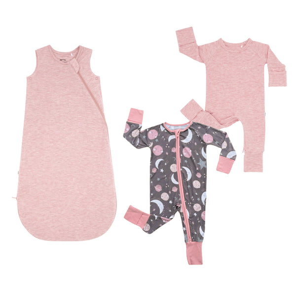 Flat lay composite of a Heather Mauve Sleepybag, Pink To The Moon & Back Zippy, and Heather Mauve Crescent Zippy