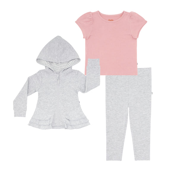 flat lay composite of a light heather gray peplum hoodie, mauve blush puff sleeve tee, and light heather gray legging