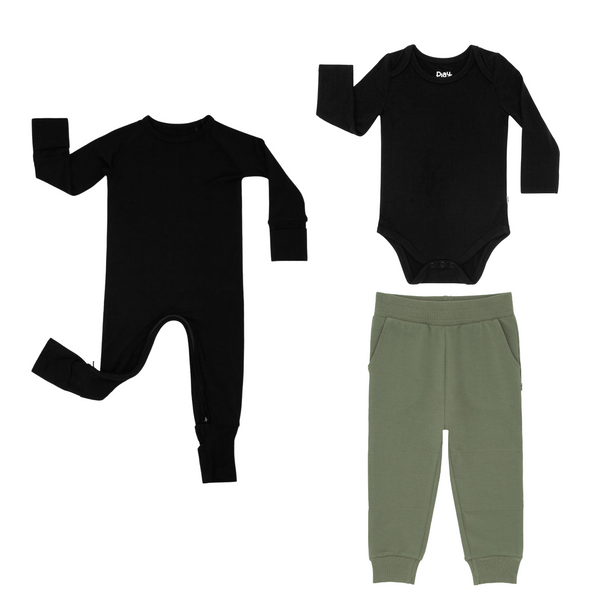 flat lay composite of a black crescent zippy, black bodysuit, and moss jogger