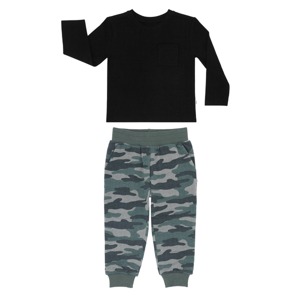 flat lay composite of a black relaxed pocket tee and vintage camo jogger