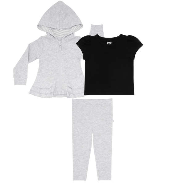 flat lay composite of a light heather gray peplum hoodie, black puff sleeve tee, and light heather gray legging