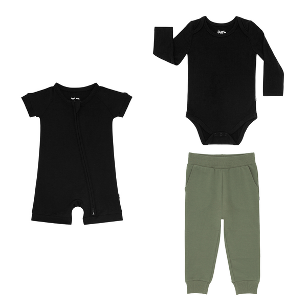 flat lay composite of a black shorty zippy, black bodysuit, and moss jogger