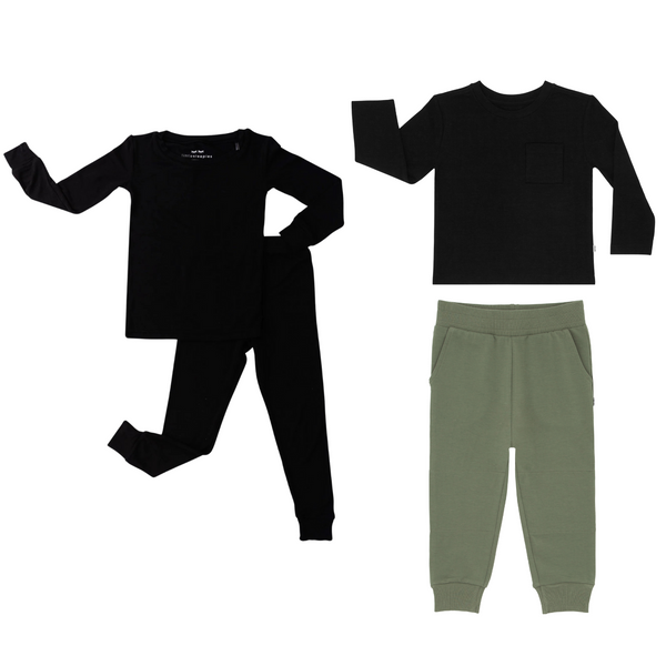 flat lay composite of a black two-piece pajama set, black relaxed pocket tee, and moss jogger