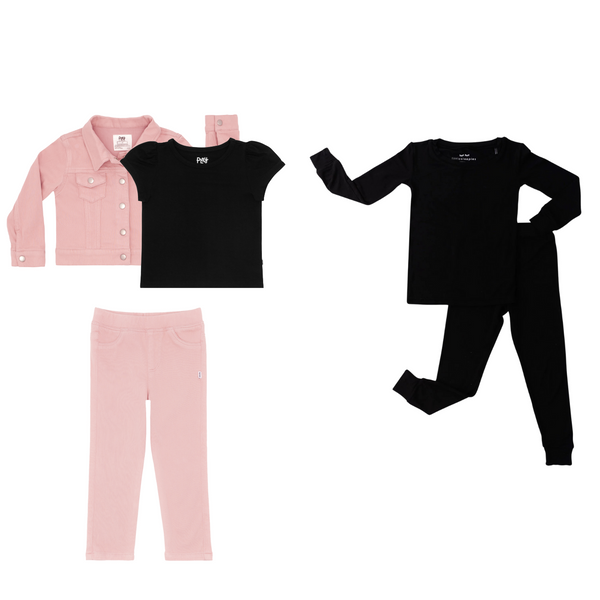 flat lay composite of a mauve blush denim trucker jacket, black puff sleeve tee, mauve blush denim jegging, and a black two-piece pajama set