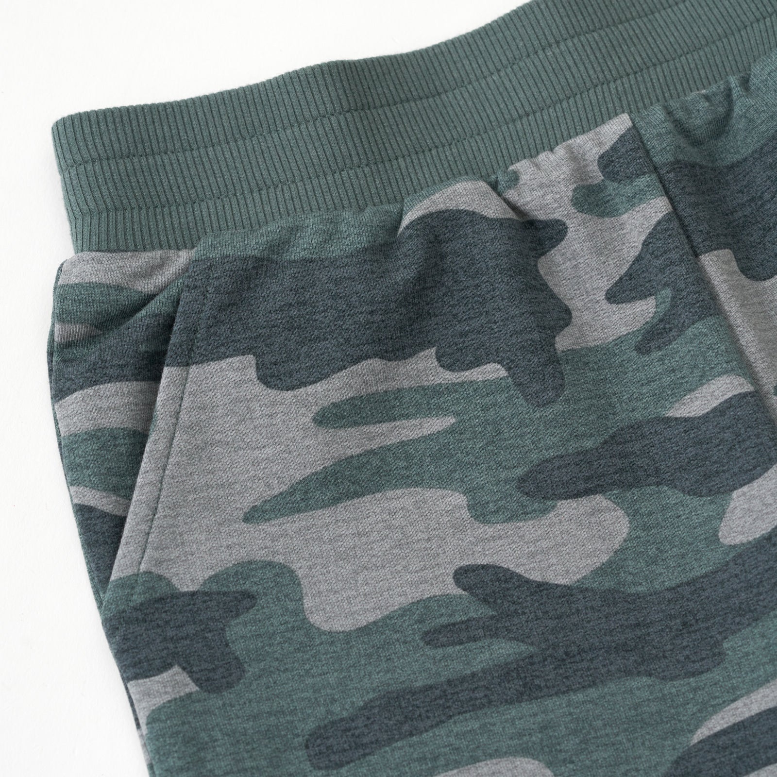 Close up flat lay image of the waist and side pocket detail on the Vintage Camo Jogger