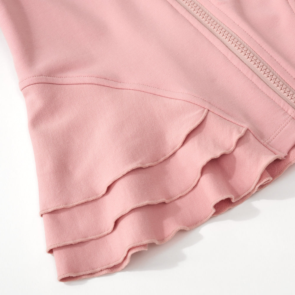 Close up image of the ruffle & peplum detail for the Mauve Blush Peplum Hoodie