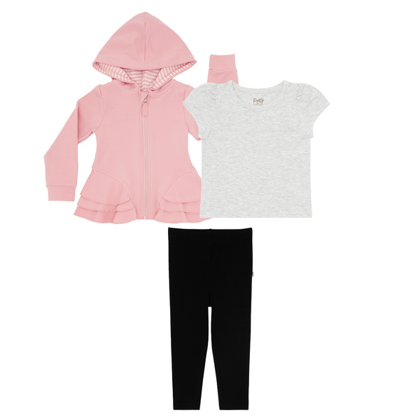 flat lay composite of a mauve blush peplum hoodie, light heather gray puff sleeve tee, and black legging