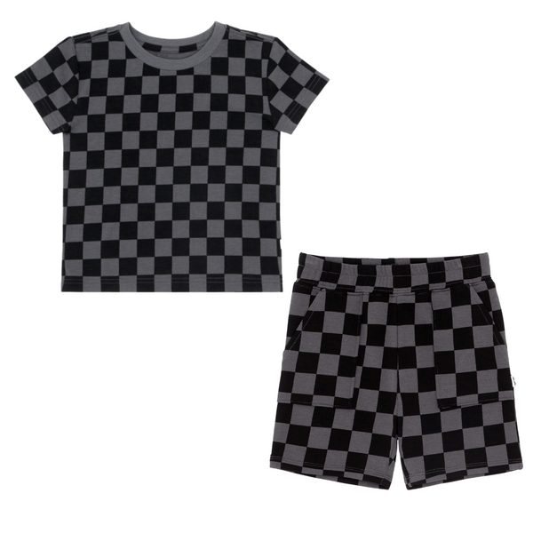 flat lay composite of a monochrome checks relaxed tee and shorts