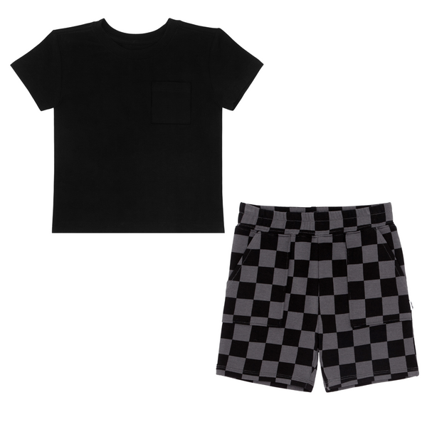 flat lay composite of a black relaxed pocket tee and monochrome checks shorts