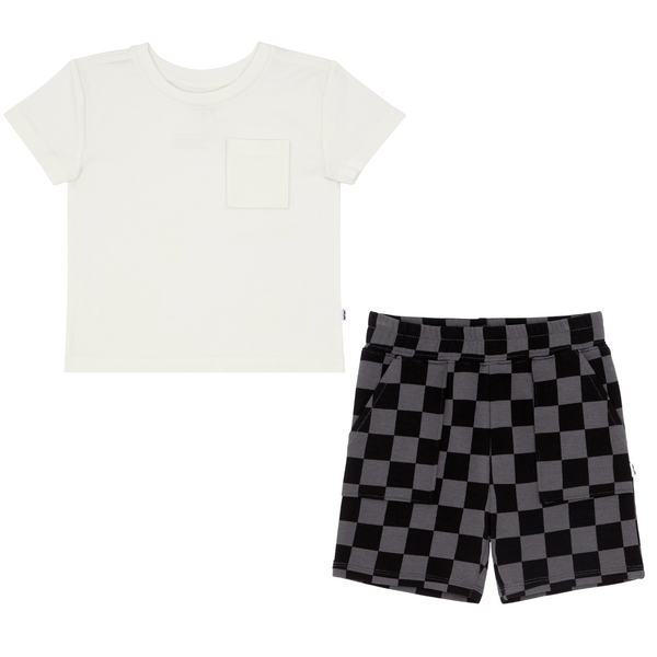 flat lay composite of a soft white relaxed pocket tee and monochrome checks shorts