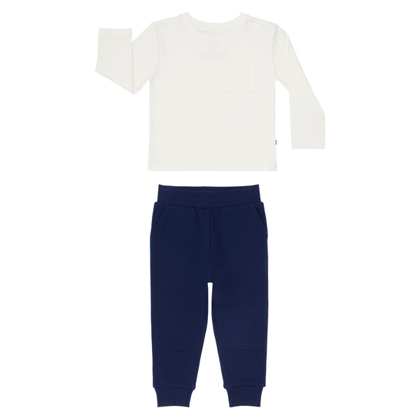 flat lay composite of a soft white relaxed pocket tee and classic navy jogger
