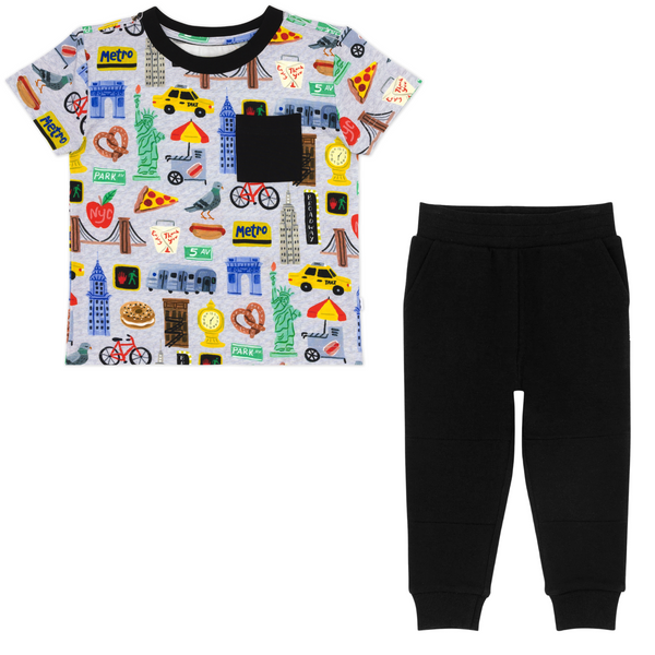Flat lay composite of a The Big Apple Relaxed Pocket Tee outfit